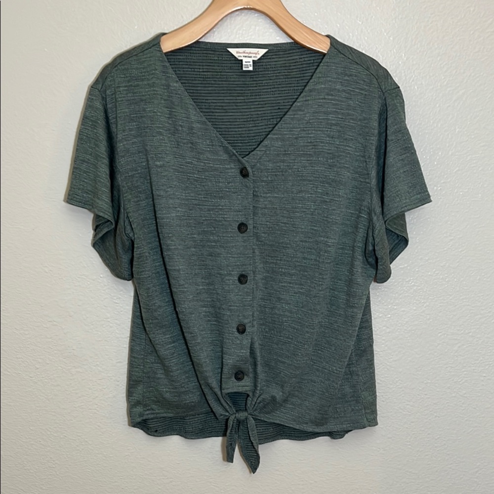 Weatherproof Vintage Green Button Down Knotted Short Sleeve Shirt